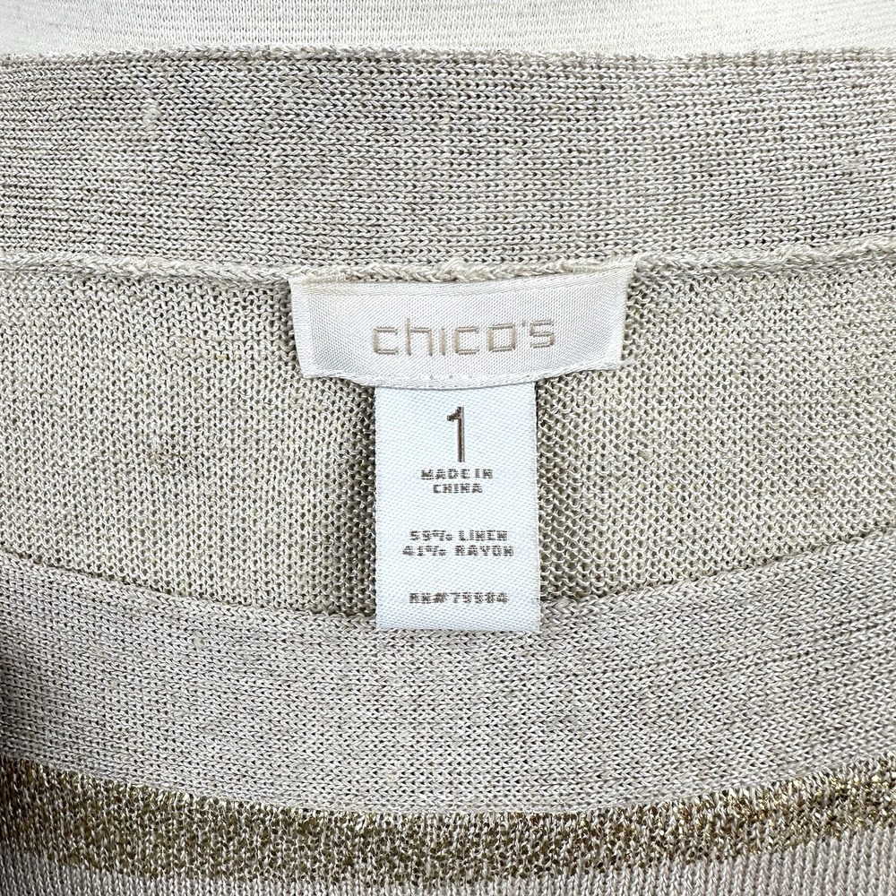 Chico's Linen Blend Gold Stripe Sweater Size 1 Medium Gold Oatmeal Boat Neck Top - Picture 10 of 11